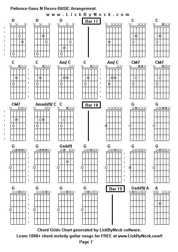 Chord Grids Chart of chord melody fingerstyle guitar song-Patience-Guns N Roses-BASIC Arrangement,generated by LickByNeck software.